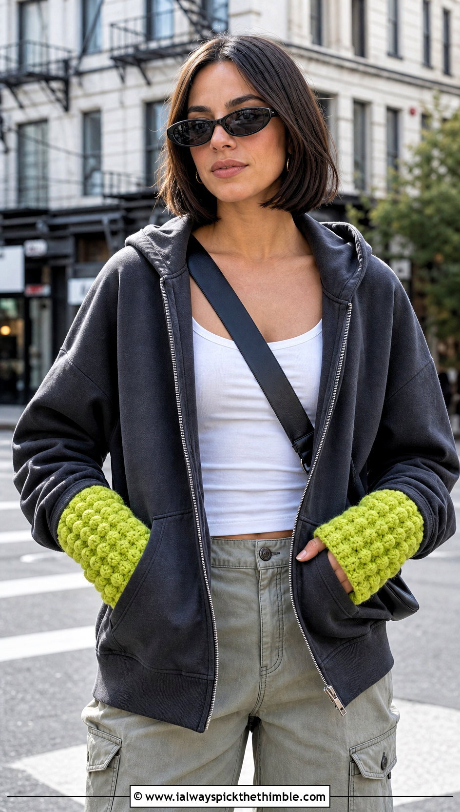 Bobble Stitch Wrist Warmers With Hoodie And Cargo Pants - 25 crochet wrist warmers outfit ideas
