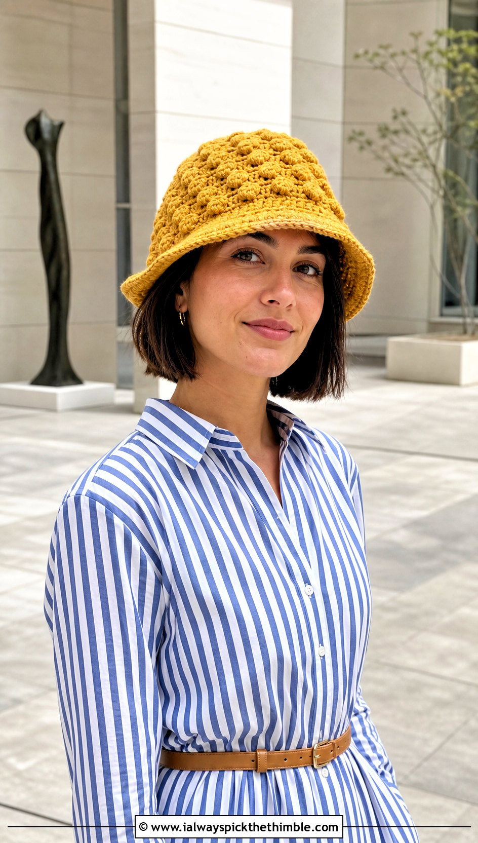 Bobble Stitch Yellow Crochet Bucket Hat With Shirt Dress - 20 yellow crochet bucket hat outfit ideas