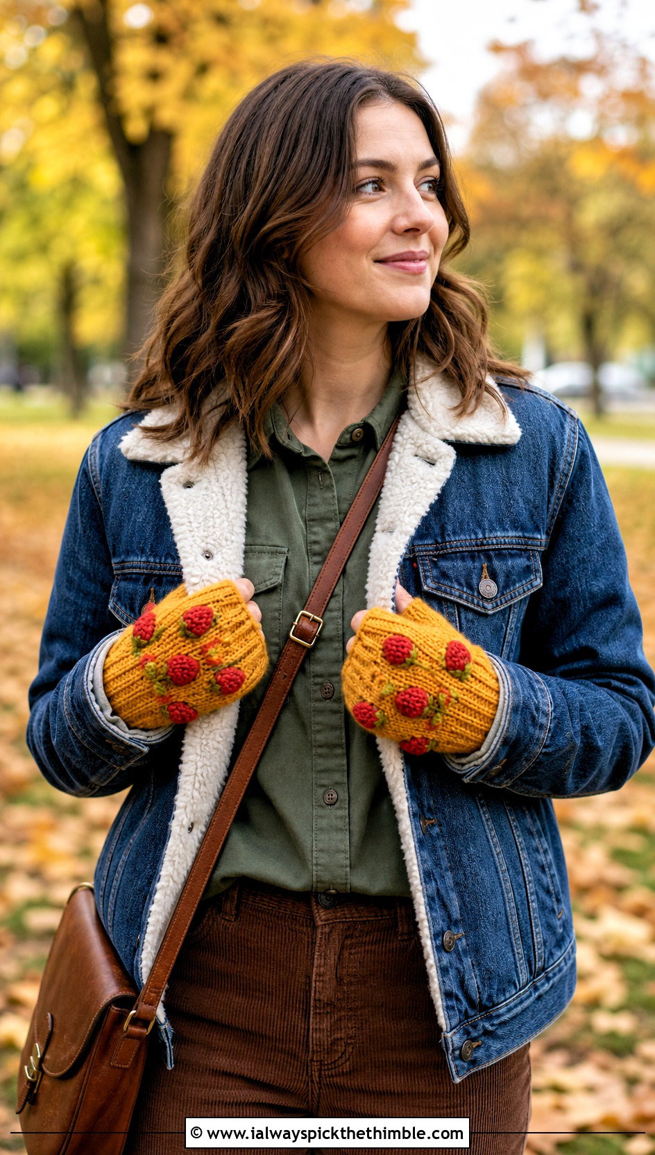Bobble Strawberry Gloves With Corduroy Pants - 20 Strawberry Crochet Gloves outfit ideas