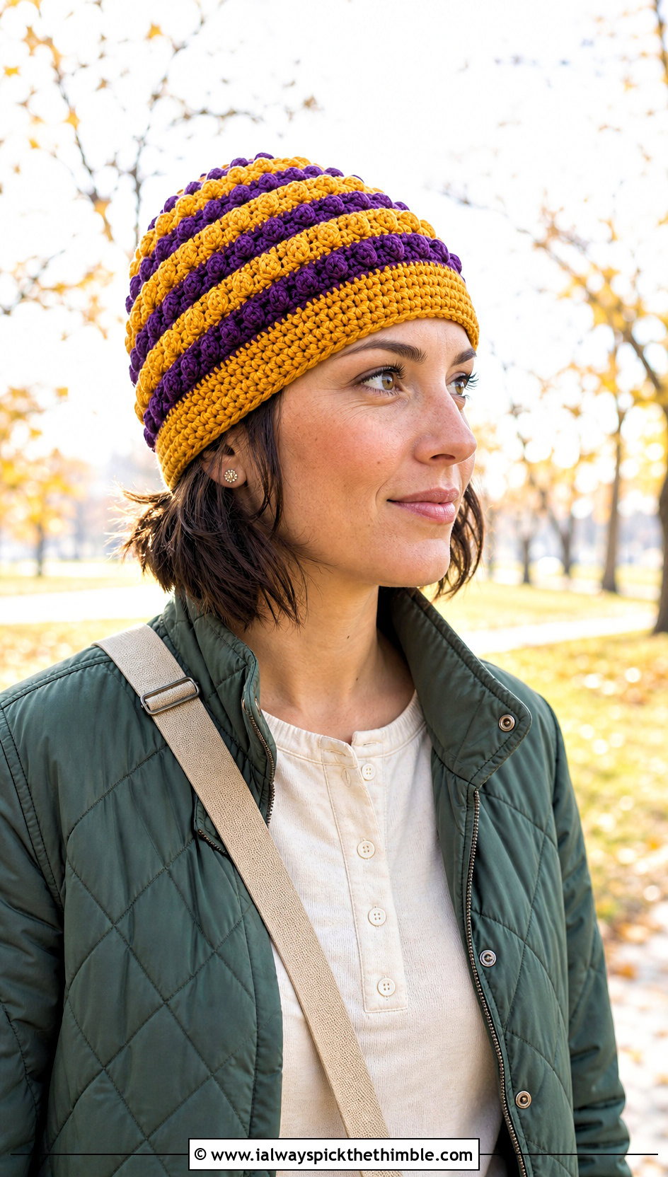 Bobble Stripe Crochet Beanie With Quilted Jacket - 20 striped crochet beanie outfit ideas