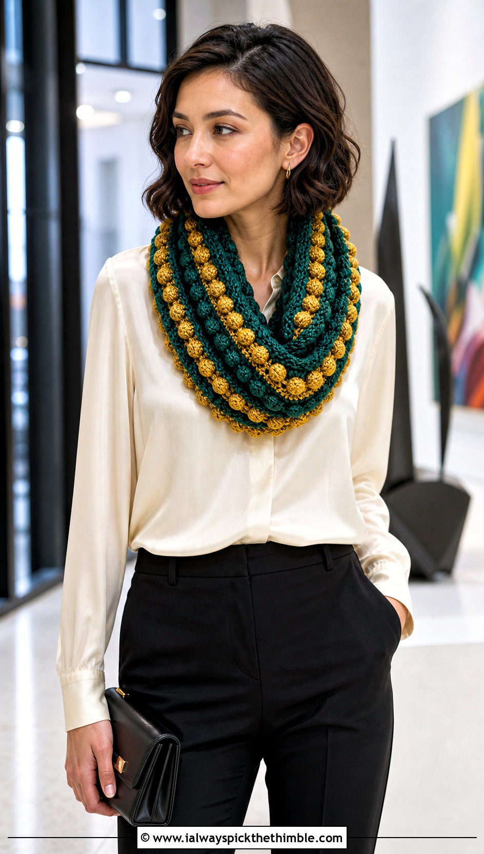 Bobble Stripe Crochet Infinity Scarf With Evening Trousers - 15 Striped Crochet Infinity Scarf outfit ideas