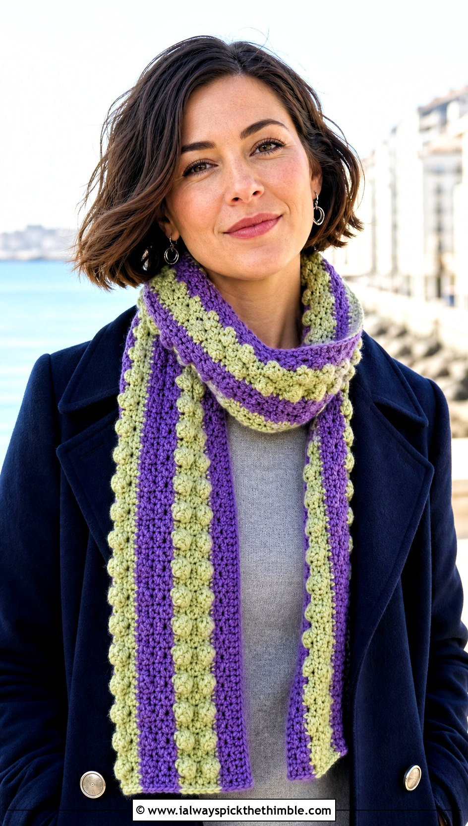 Bobble Stripe Crochet Scarf With Peacoat - 20 crochet striped scarf outfit ideas