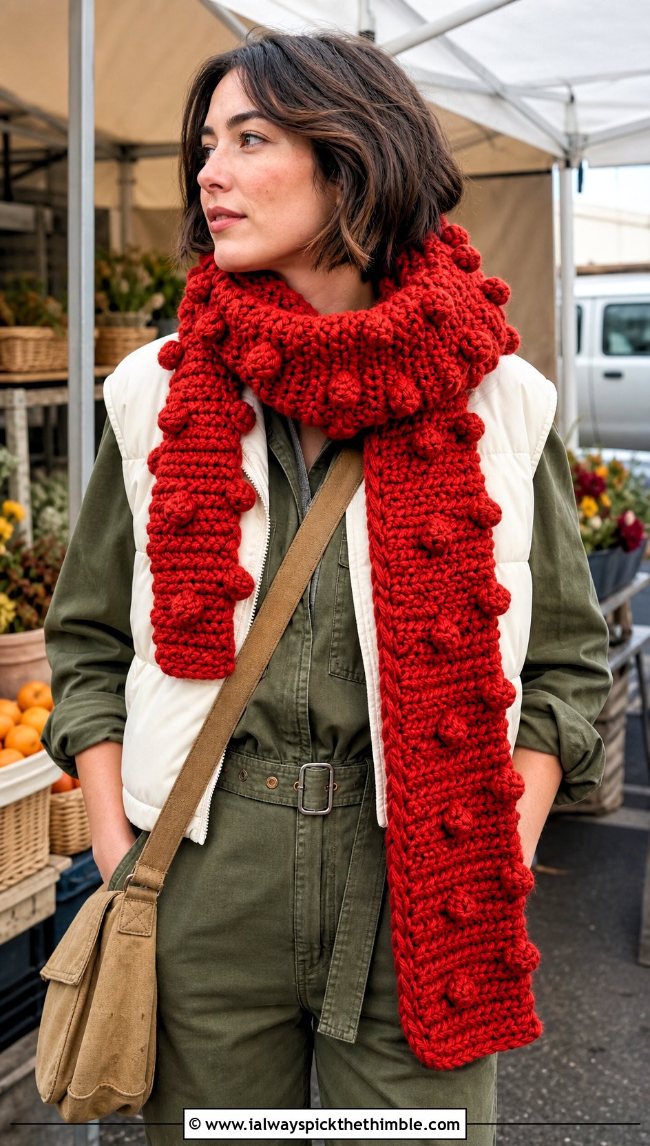 Bobble Super Chunky Crochet Scarf With Utility Jumpsuit - 20 Super Chunky Crochet Scarf outfit ideas