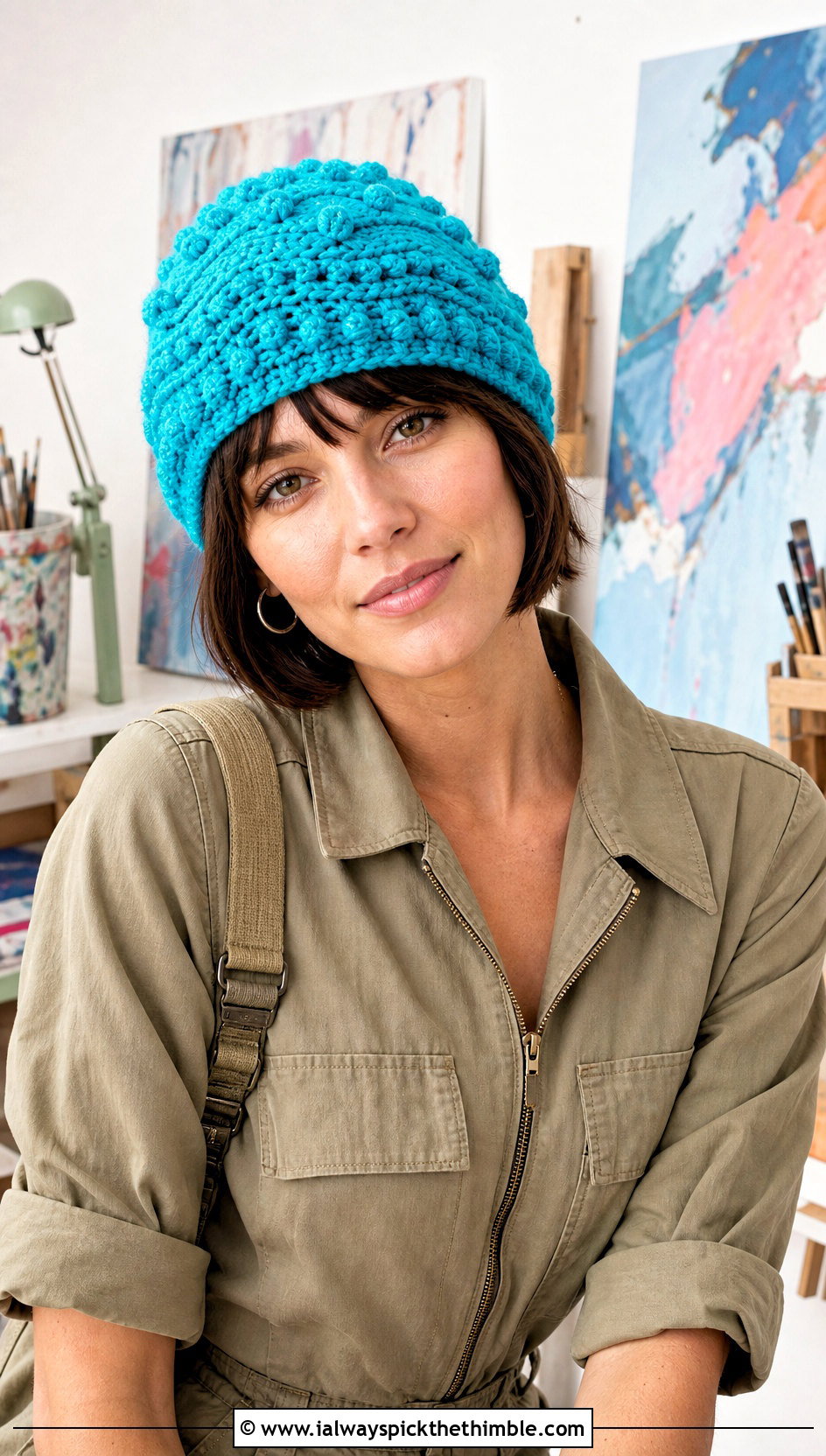 Bobble Wave Crochet Beanie With Utility Jumpsuit - 20 Wavy Crochet Beanie outfit ideas