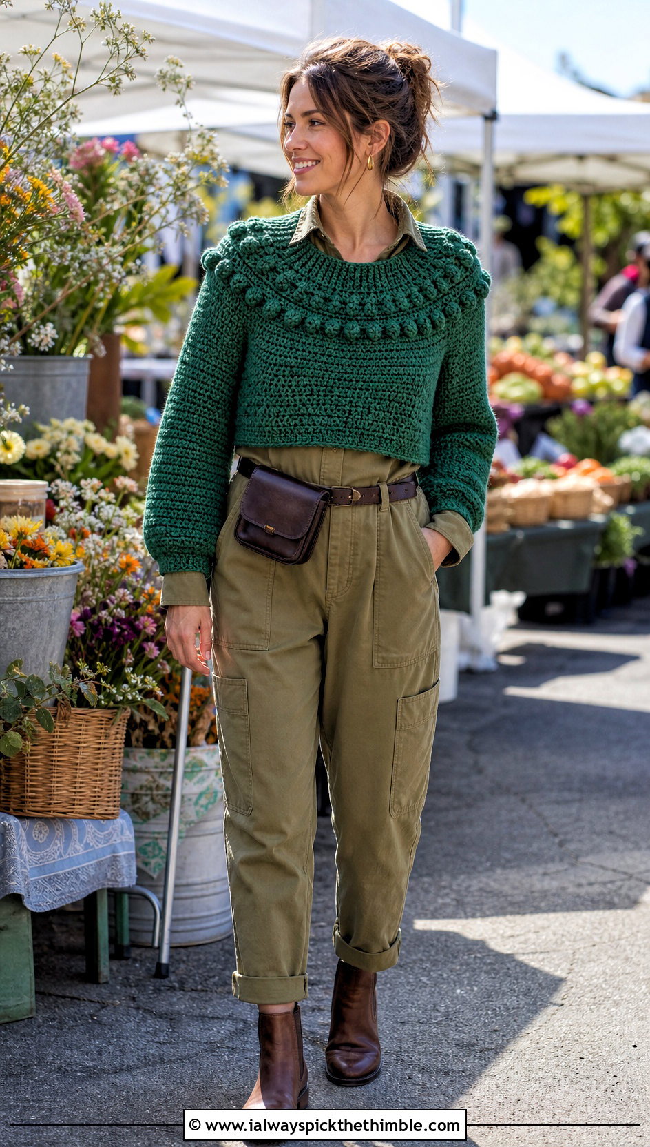 Bobble Yoke Sweater Over A Utility Jumpsuit - 20 crochet bobble sweater outfit ideas