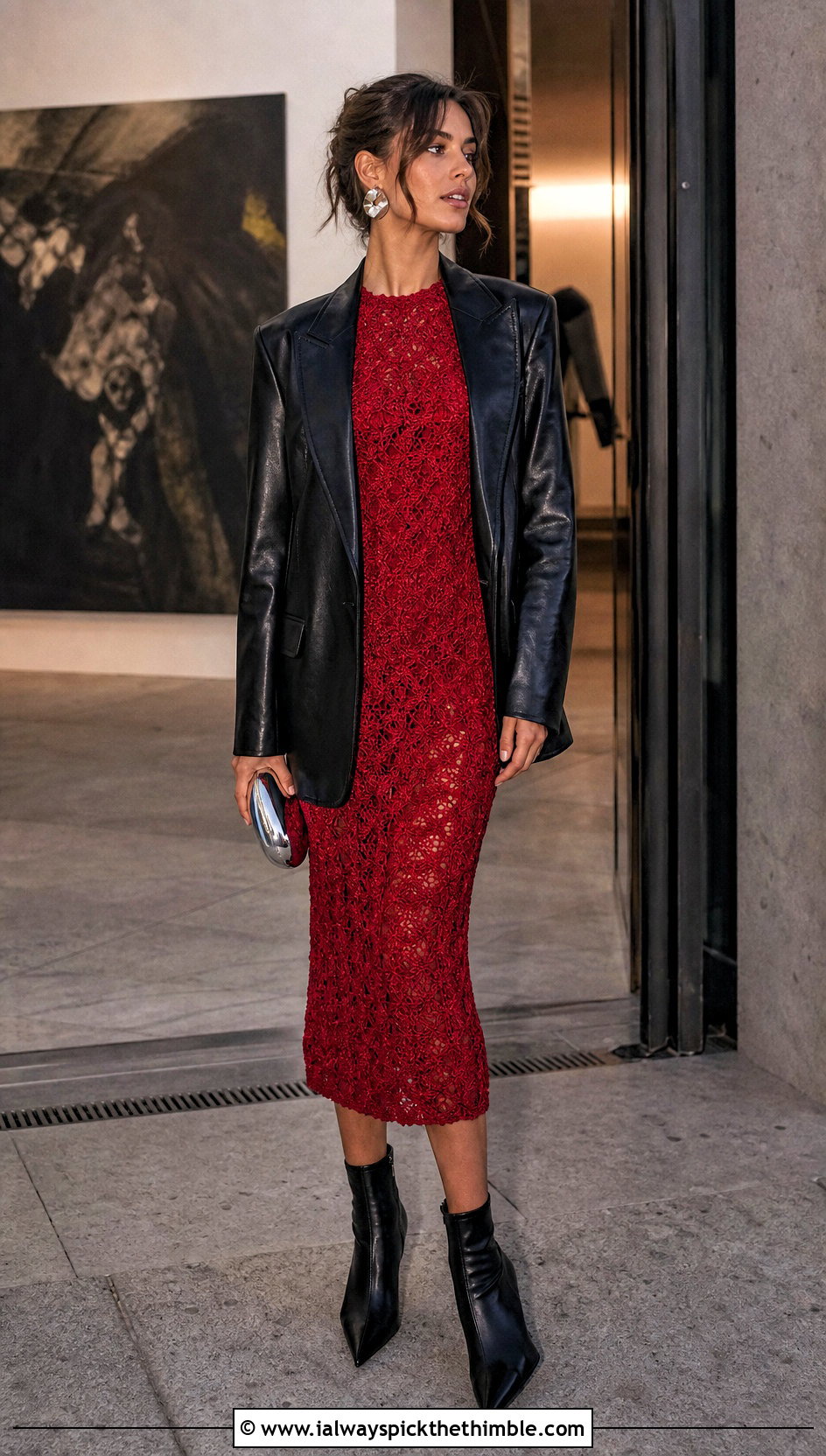 Bodycon Crochet Midi Dress With Leather Blazer - 25 crochet dresses outfit ideas