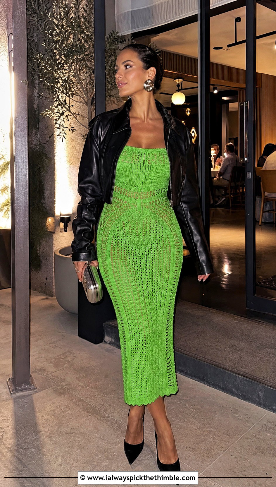 Bodycon Crochet Midi Dress With Leather Jacket And Pumps - 25 Crocheting Dress outfit ideas