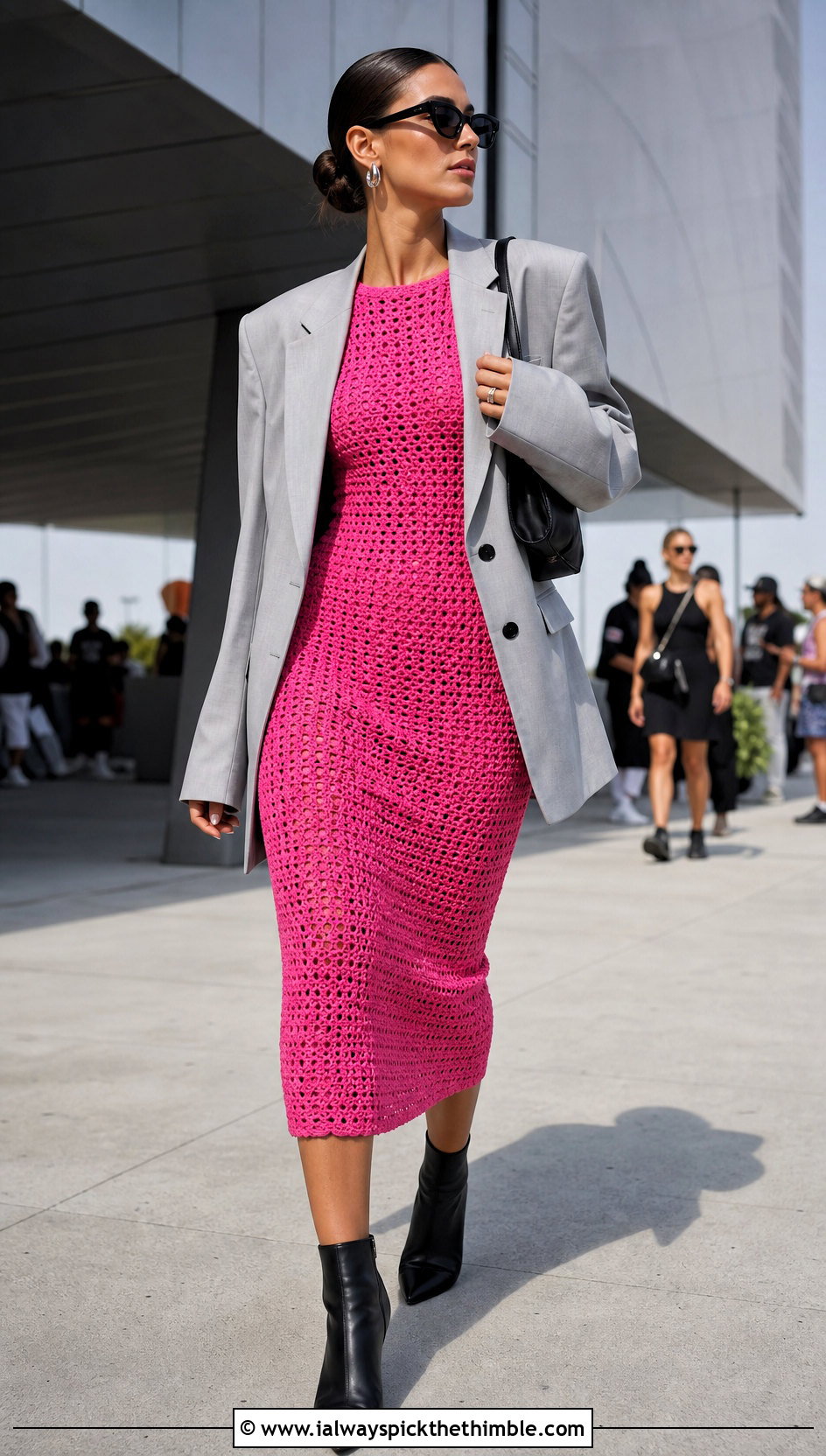 Bodycon Crochet Midi Dress With Oversized Blazer - 25 crochet festival dress outfit ideas