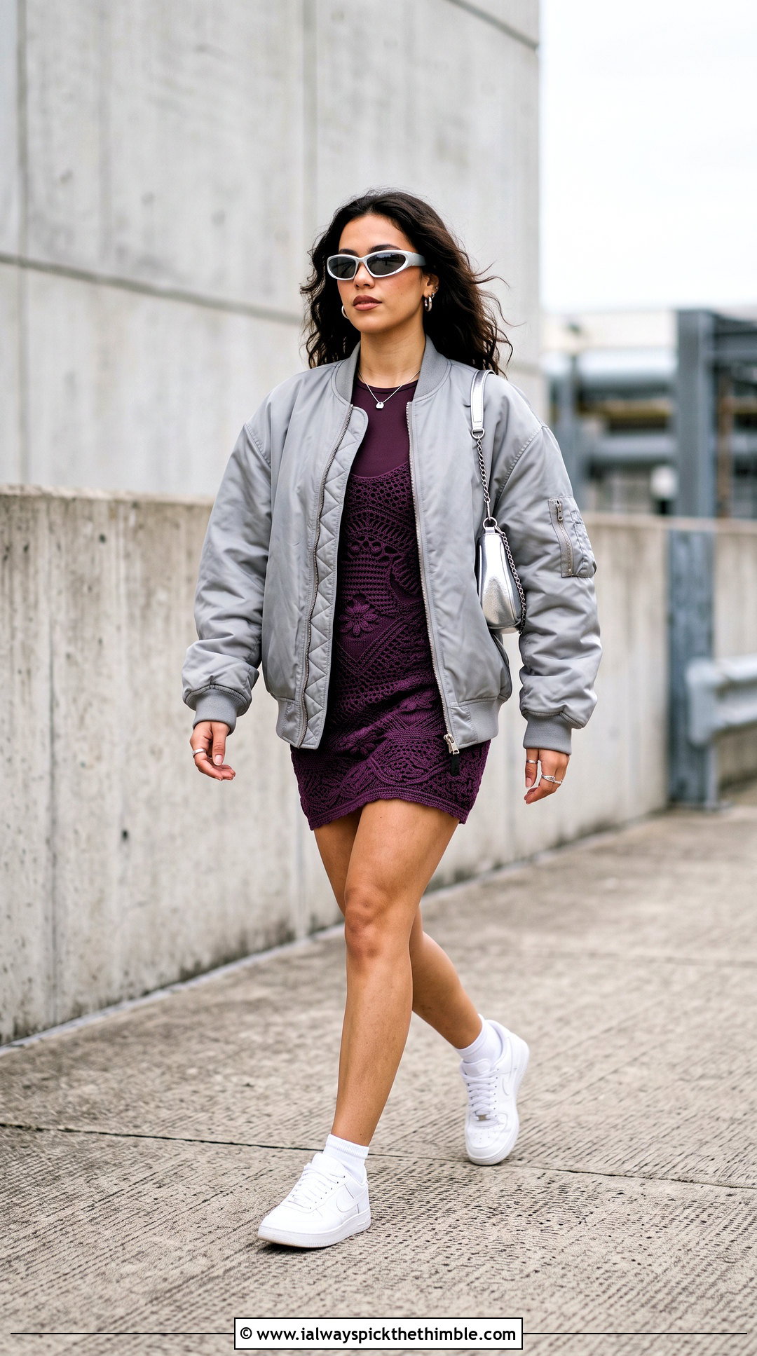 Bodycon Crochet Mini Dress With Bomber Jacket - 25 crochet short dresses outfit ideas