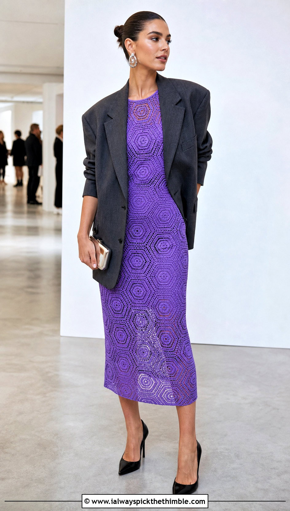 Bodycon Hexagon Crochet Midi Dress With Oversized Blazer - 20 hexagon crochet dress outfit ideas