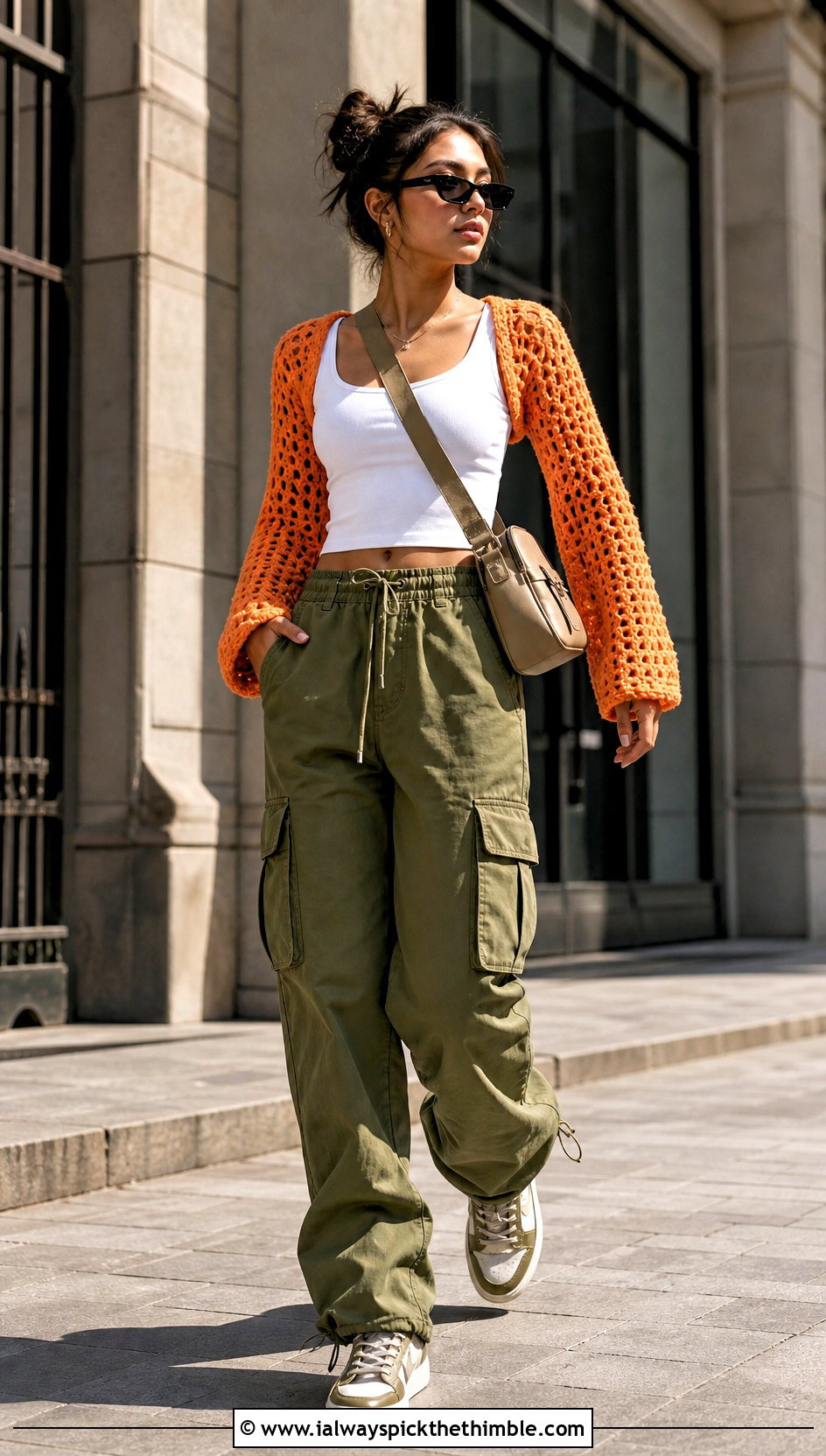 Bodyless Crochet Shrug Top With Cargo Pants - 20 aesthetic long sleeve crochet tops outfit ideas