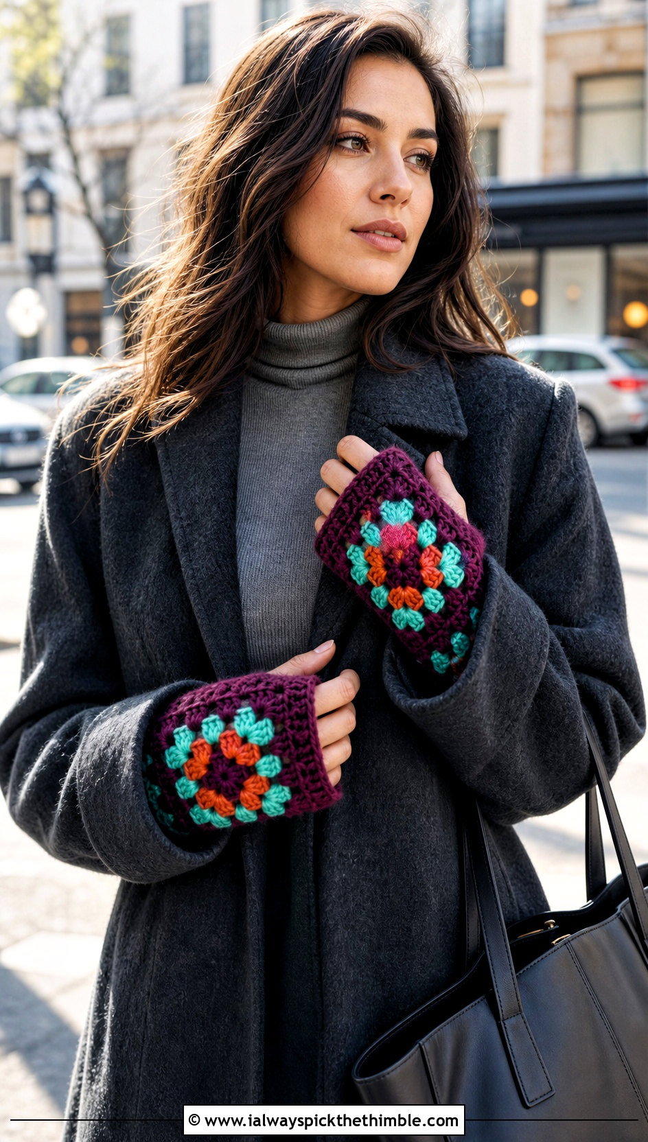 Bold Border Granny Square Fingerless Gloves With Wool Coat - 25 granny square fingerless gloves outfit ideas