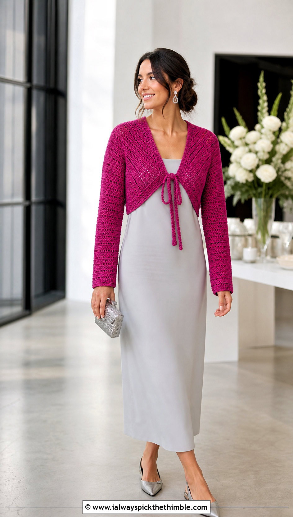 Bolero Crochet Front Tie Top Over A Column Dress - 20 crochet front tie top outfit ideas