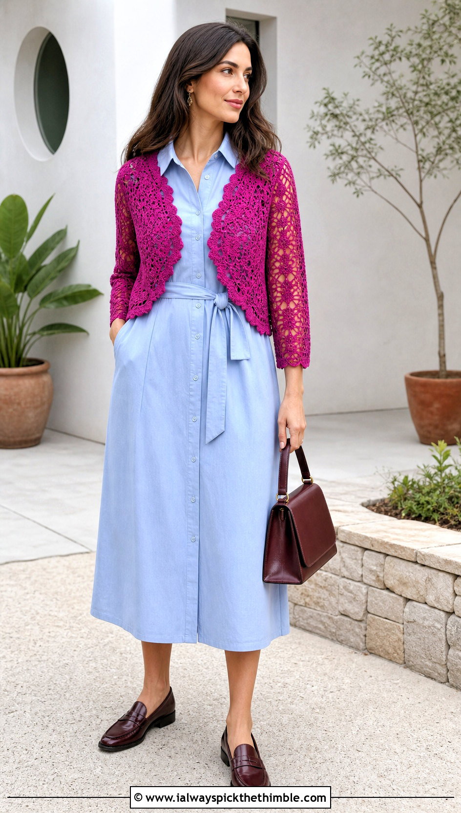Bolero Lace Crochet Vest With a Shirt Dress - 20 Lacy Crochet Vest outfit ideas