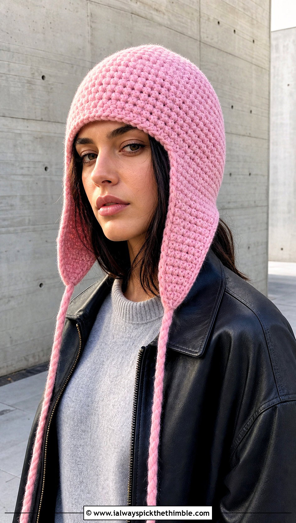 Bomber Crochet Aviator Hat With Leather Jacket - 20 crochet aviator hat outfit ideas