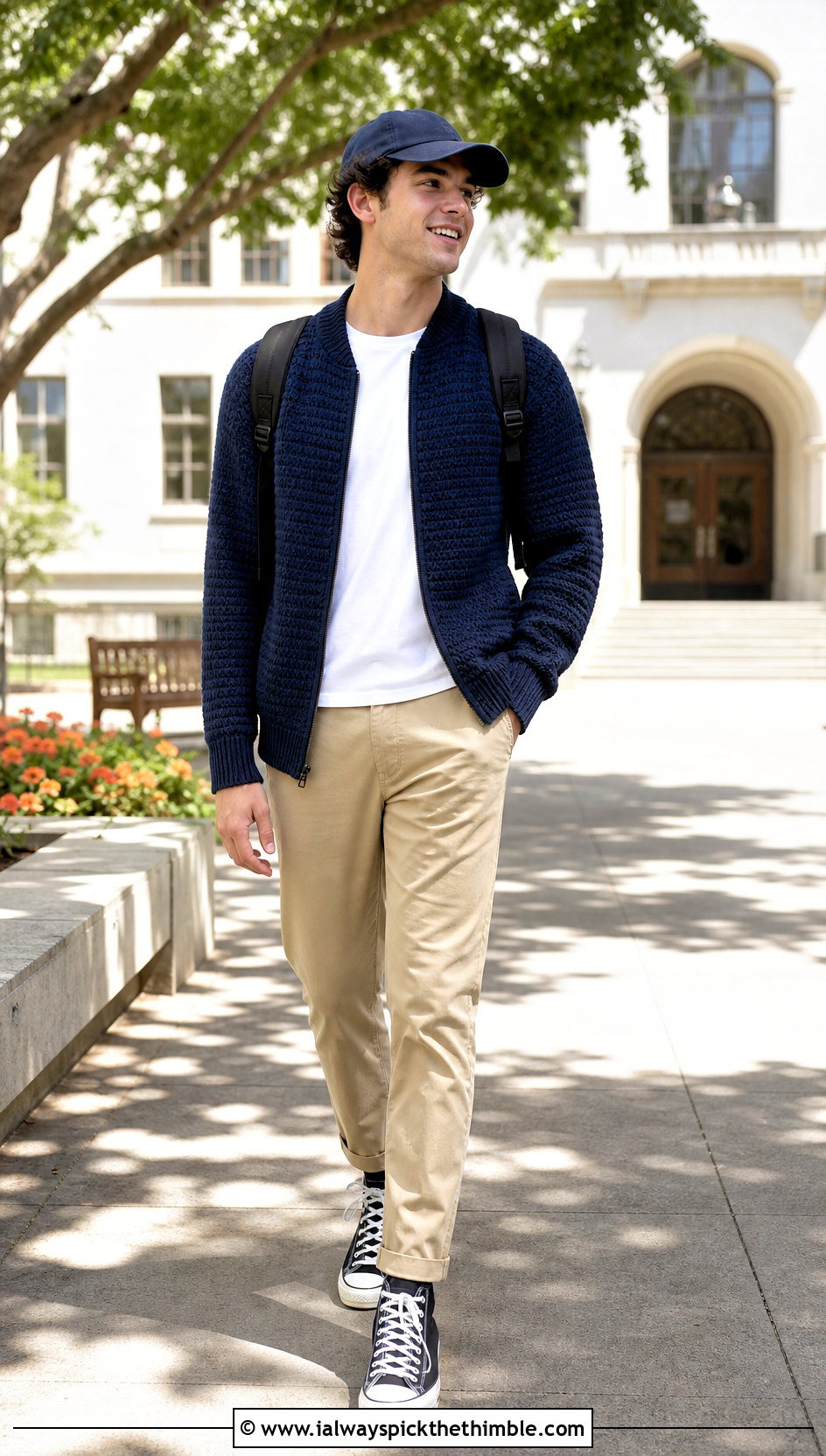 Bomber Crochet Cardigan With Chinos And High Top Sneakers - 25 mens crochet cardigan outfit ideas