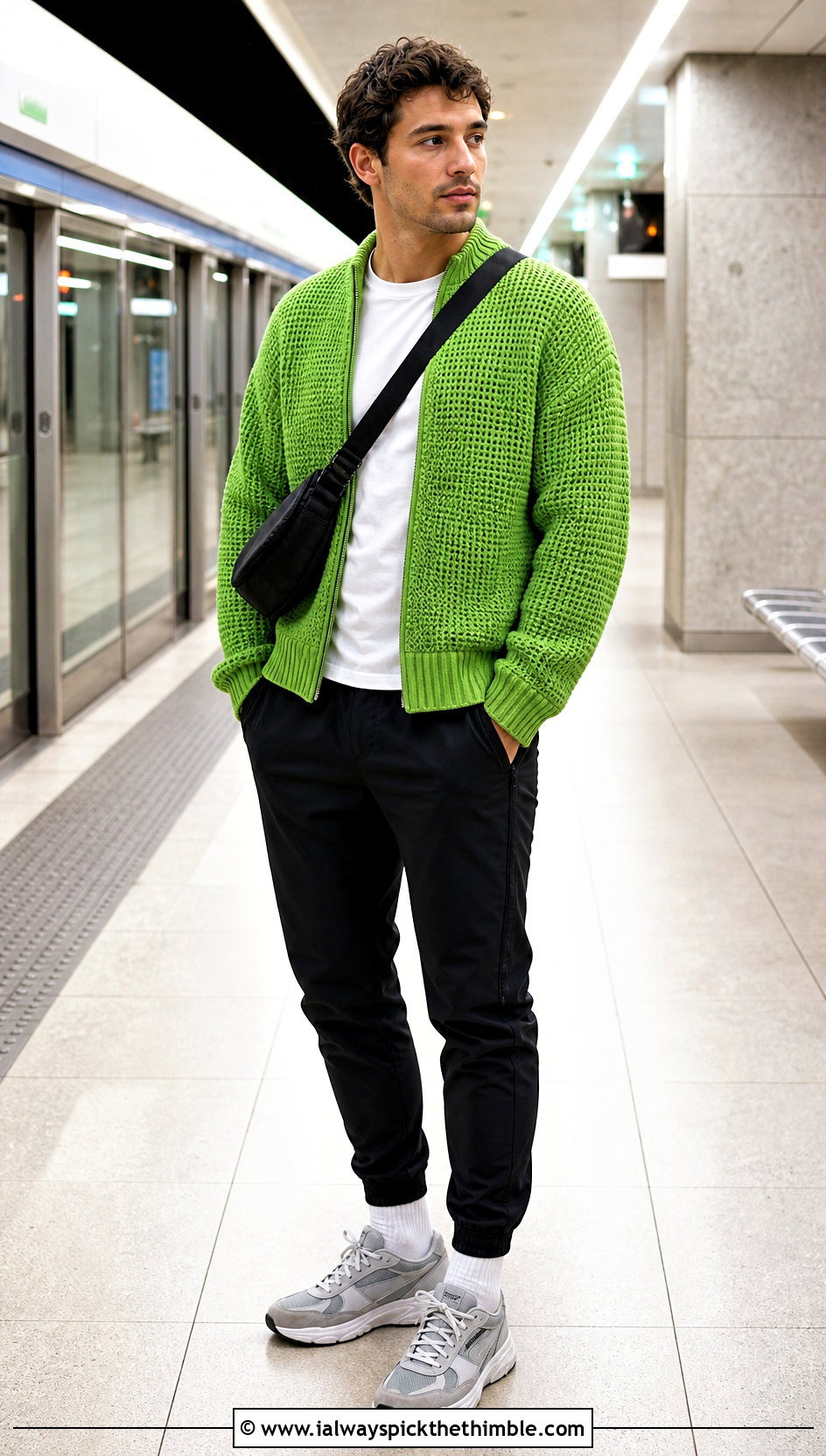 Bomber Crochet Cardigan With Track Pants - 20 crochet man cardigan outfit ideas