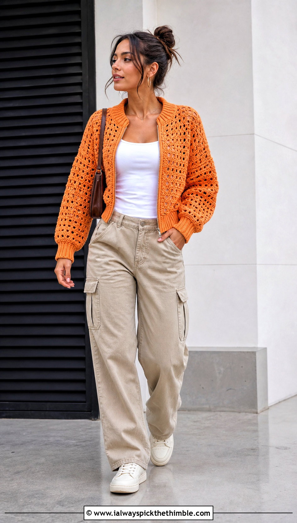 Bomber Crochet Sweater Jacket With Cargo Pants - 20 Crochet Sweater Jacket outfit ideas