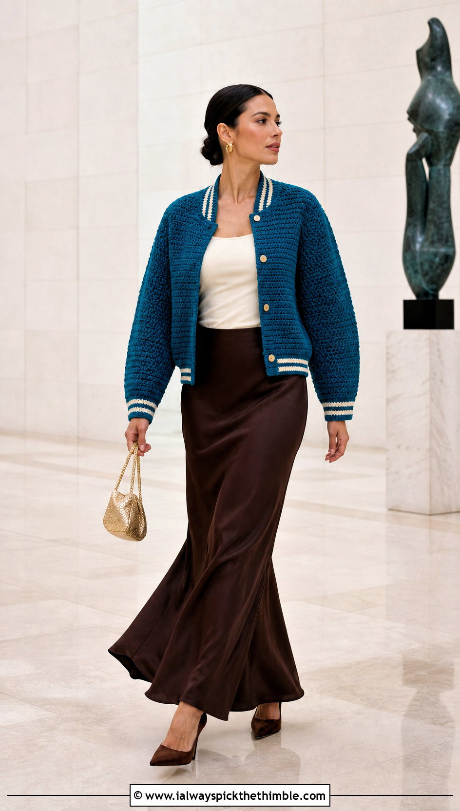 Bomber Crochet Varsity Jacket With Satin Maxi Skirt - 25 crochet varsity jacket outfit ideas