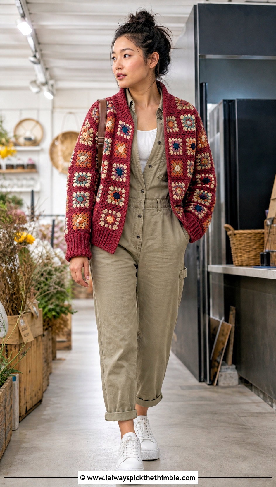 Bomber Granny Square Jacket With Utility Jumpsuit - 25 granny square crochet cardigan jacket outfit ideas