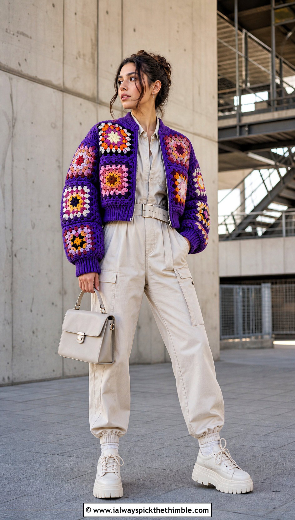 Bomber Granny Square Puffer Jacket With Utility Jumpsuit - 15 granny square puffer jacket outfit ideas