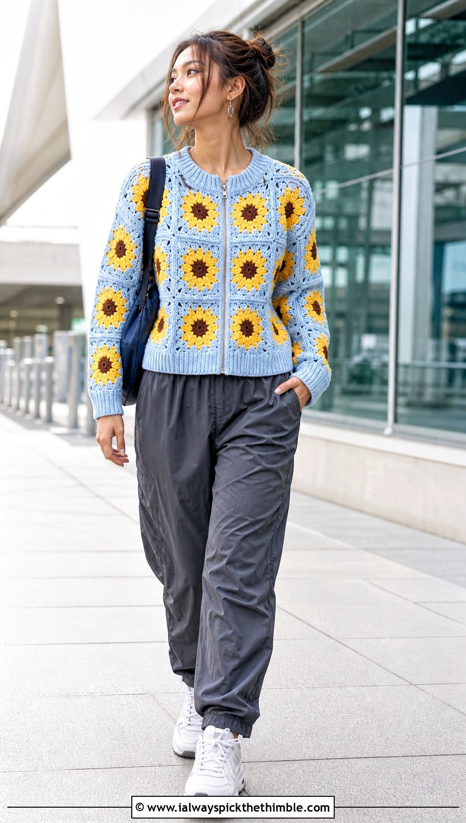 Bomber Sunflower Granny Square Sweater With Parachute Pants - 20 sunflower granny square sweater outfit ideas
