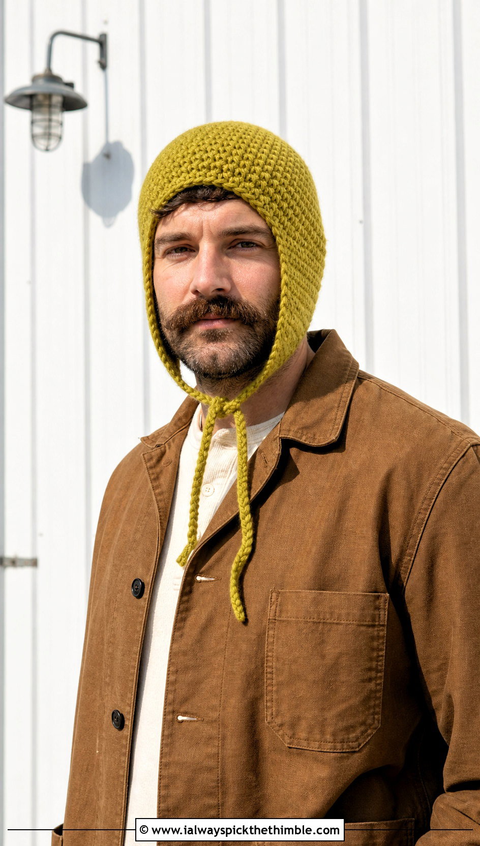 Bonnet Style Crochet Earflap Hat With Chore Coat - 20 Mens Crochet Earflap Hat outfit ideas