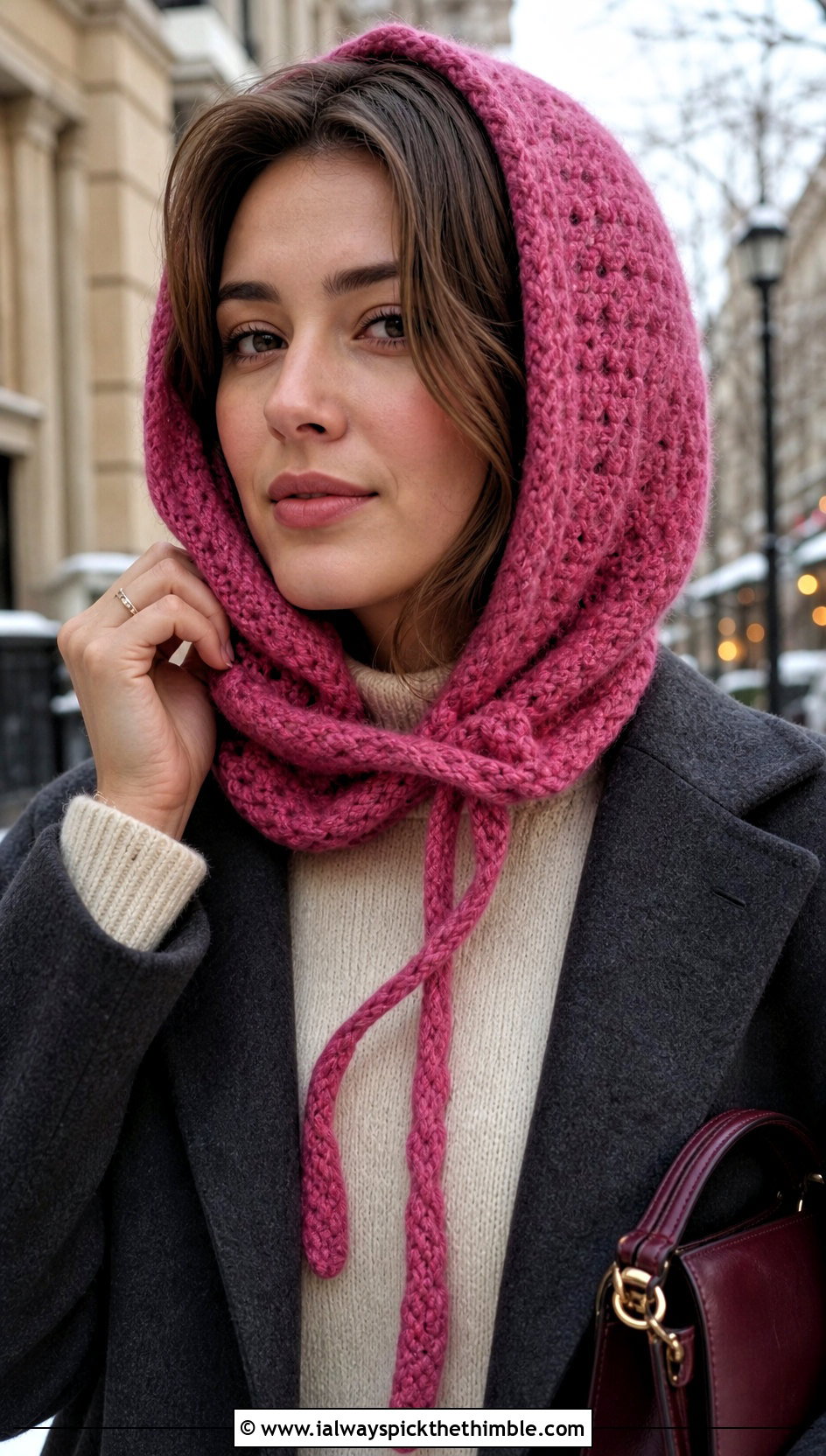 Bonnet Style Hooded Scarf With Wool Coat - 20 Crochet Hoodie Scarf outfit ideas