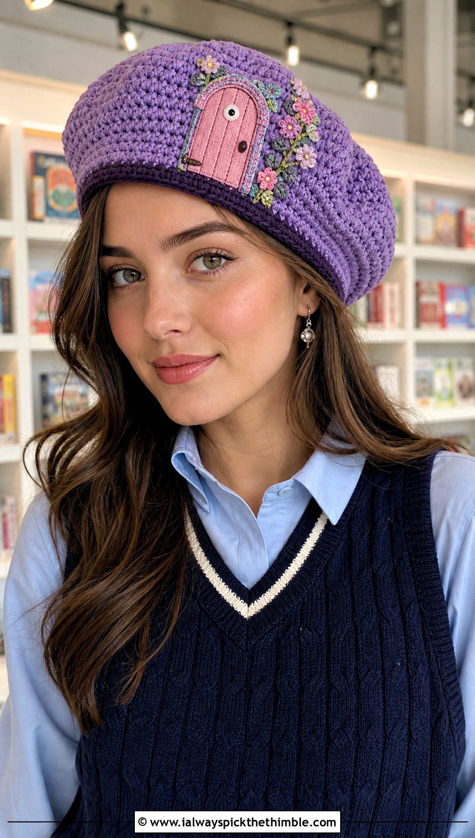 Boo Door Print Crochet Beret With Preppy Outfit - 20 Monsters Inc Crochet Hat outfit ideas