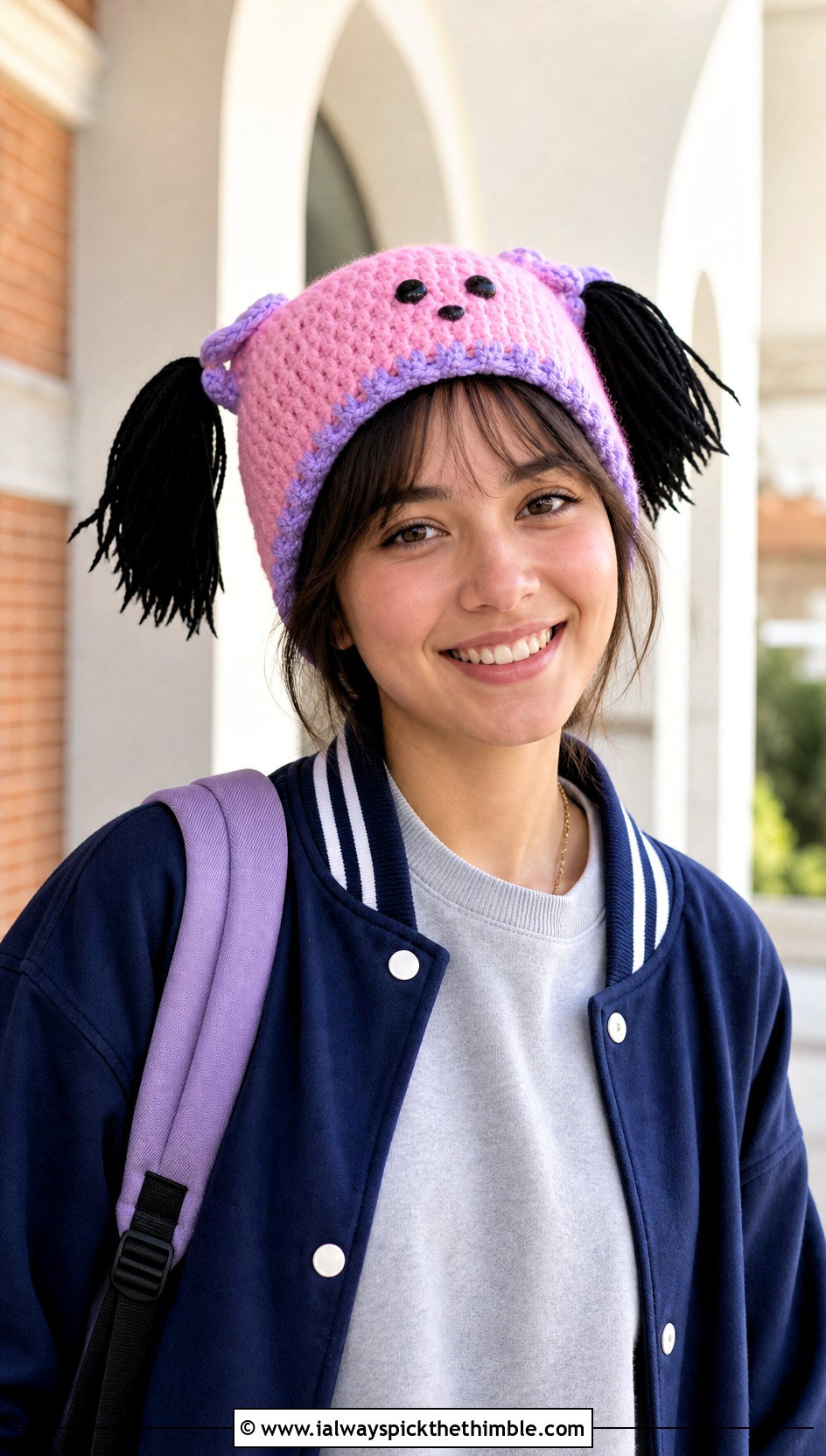 Boo Pigtail Crochet Beanie With Varsity Jacket - 20 Monsters Inc Crochet Hat outfit ideas
