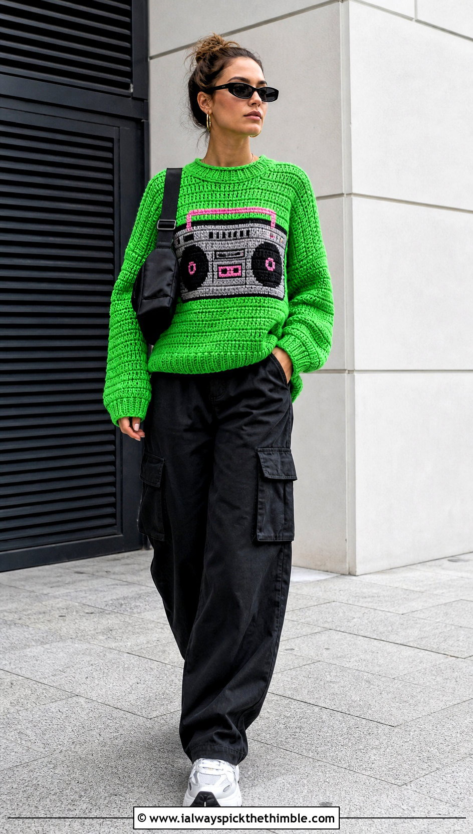 Boombox Crochet Mabel Sweater With Cargo Pants - 25 crochet mabel sweater outfit ideas