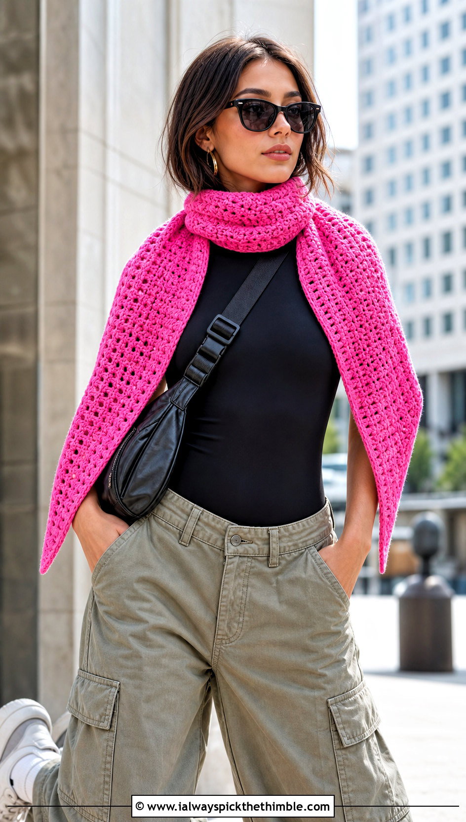 Boomerang Crochet Shawl With Cargo Pants - 20 Fall Crochet Shawl outfit ideas