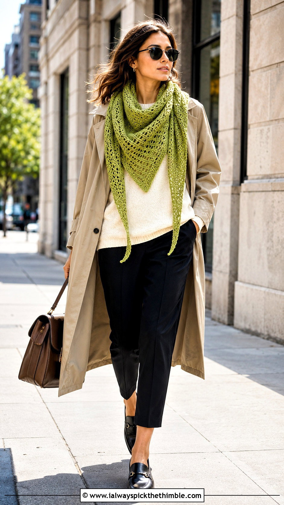 Boomerang Crochet Shawl With Trench Coat - 25 crochet shawls and wraps outfit ideas