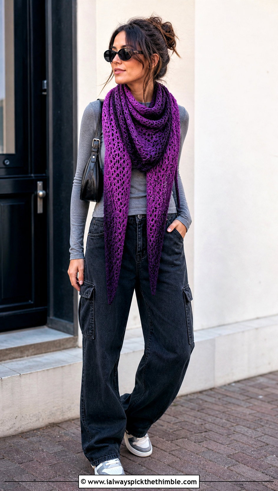 Boomerang Gradient Shawl With Cargo Pants - 15 Crochet Gradient Shawl outfit ideas