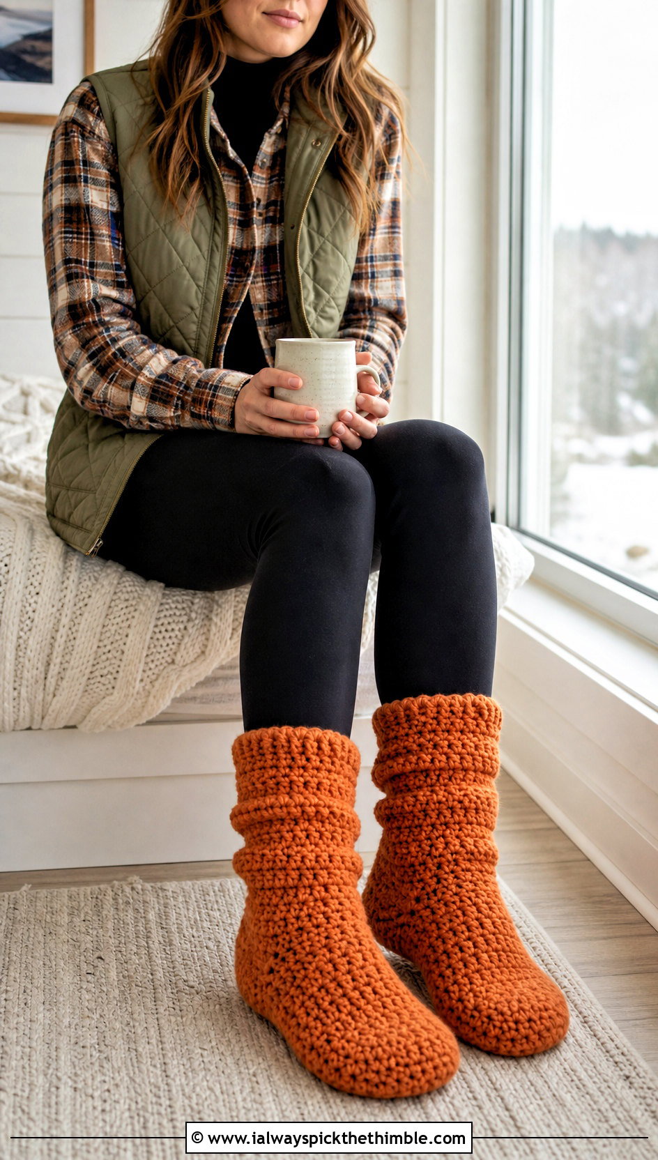 Boot Style Chunky Crochet Slipper Socks With Flannel Shirt - 15 chunky crochet slipper socks outfit ideas