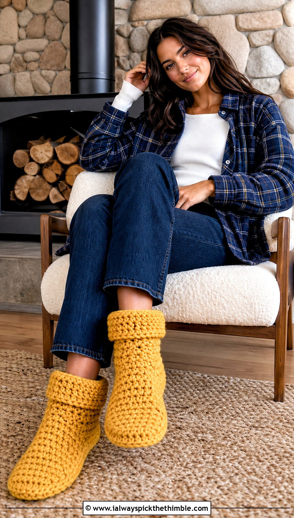 Boot Style Chunky Yarn Crochet Slippers With Flannel Shirt And Jeans - 15 Crochet Slippers Chunky Yarn outfit ideas