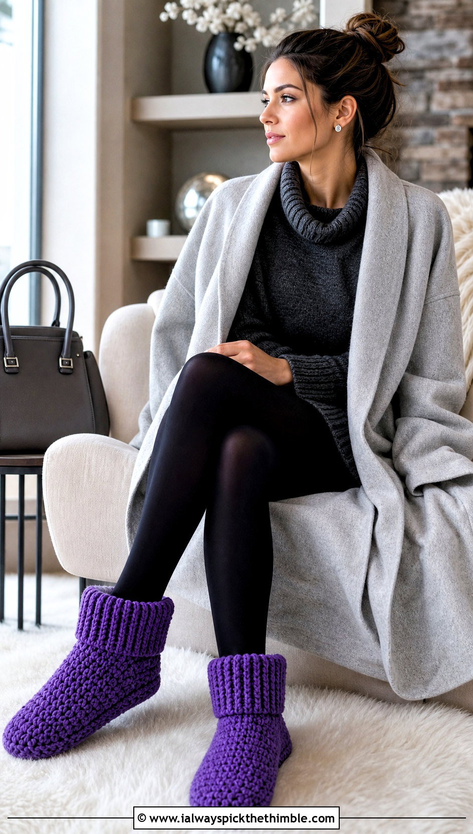 Bootie Crochet Slippers With Sweater Dress And Tights - 20 Quick And Easy Crochet Slippers outfit ideas