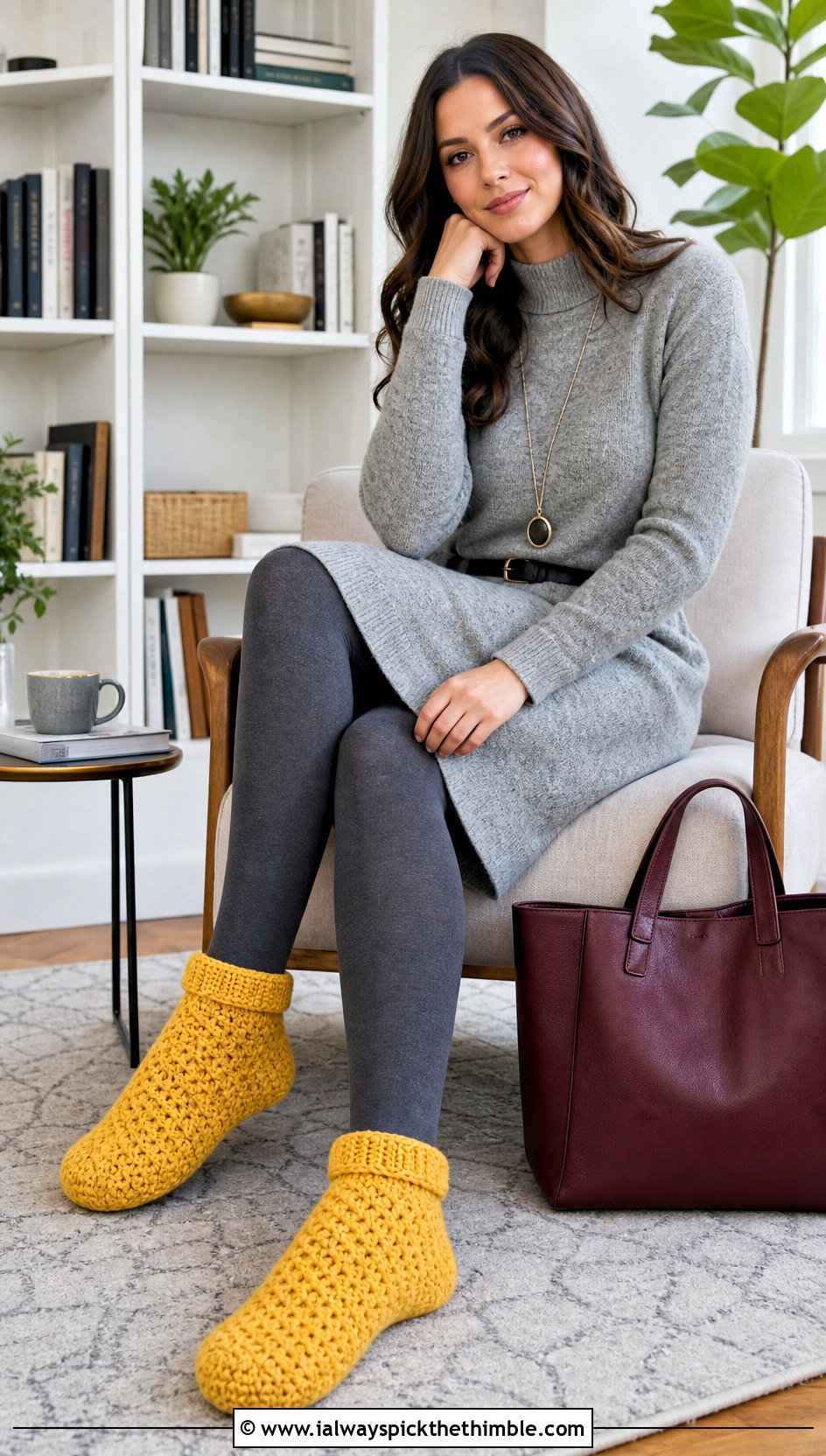 Bootie Crocheted Slippers With Sweater Dress - 20 ladies crocheted slippers outfit ideas