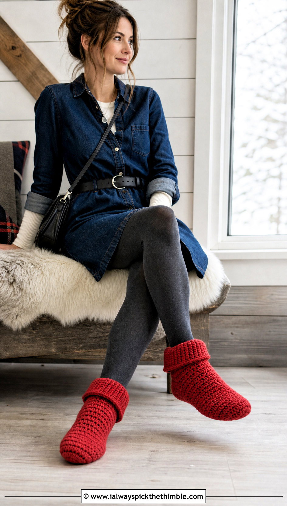 Bootie Folded Cuff Crochet Slippers With A Denim Shirt Dress - 20 Folded Crochet Slippers outfit ideas