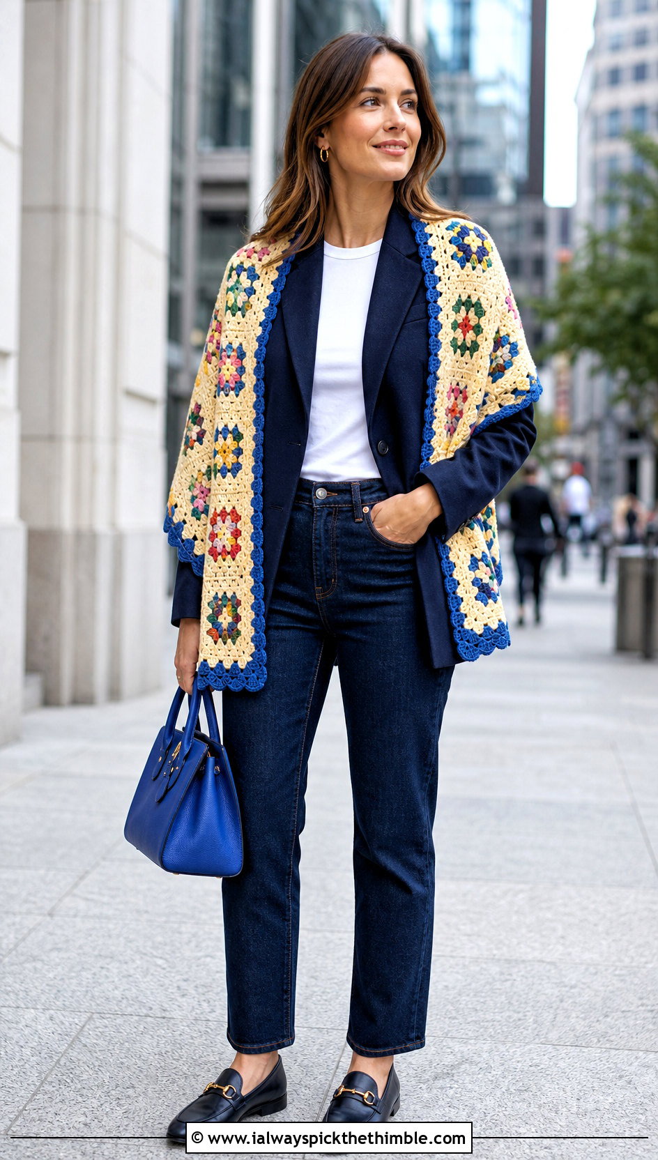 Border Granny Square Shawl With Blazer And Jeans - 25 granny square shawl outfit ideas