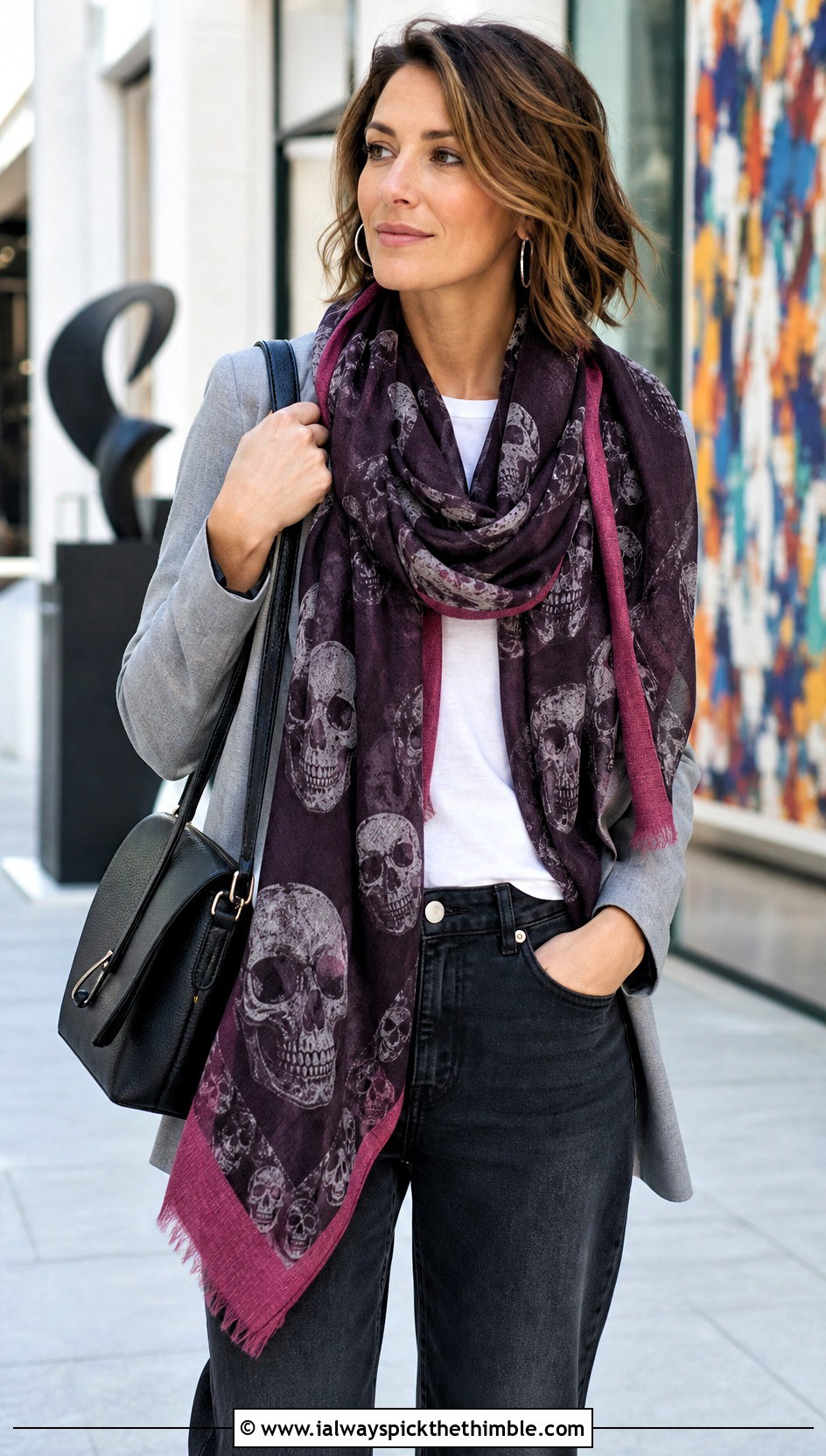 Bordered Lost Souls Shawl With Blazer And Jeans - 25 crochet lost souls shawl outfit ideas