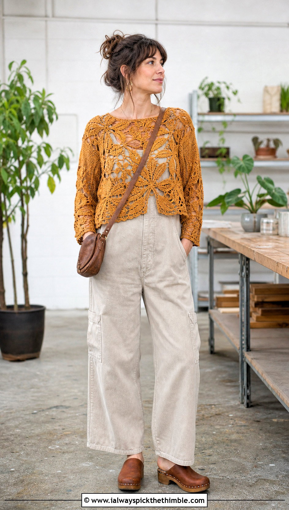 Botanical Crochet Sweater With Utility Jumpsuit - 20 Patterned Crochet Sweater outfit ideas