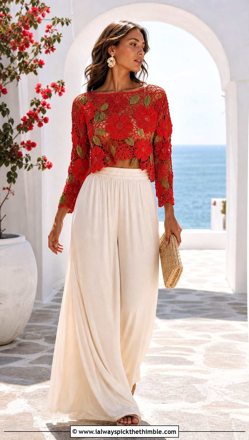 Botanical Flower Sweater With Palazzo Pants - 20 crochet flower sweater outfit ideas
