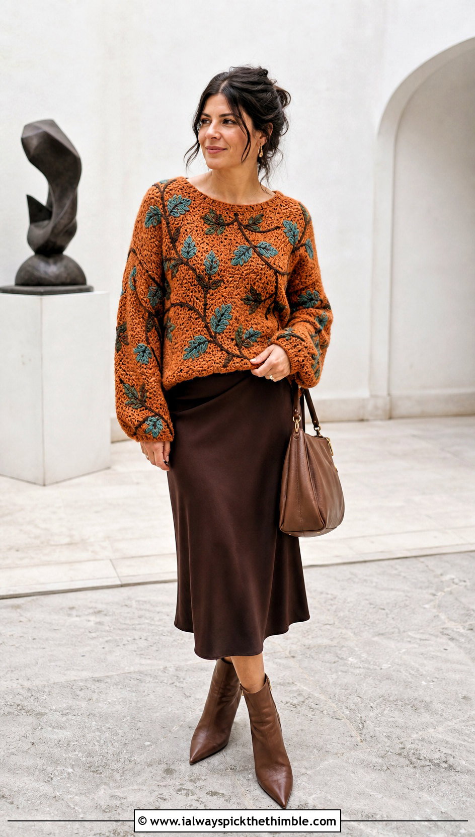 Botanical Tapestry Crochet Sweater With Bias Cut Skirt - 20 tapestry crochet sweater outfit ideas