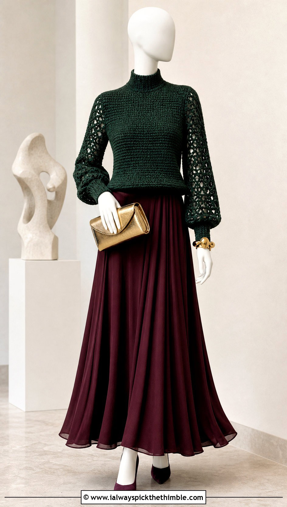 Bottle Green Mock Neck Crochet Sweater With Burgundy Maxi Skirt - 15 Green Crochet Sweater On Mannequin outfit ideas