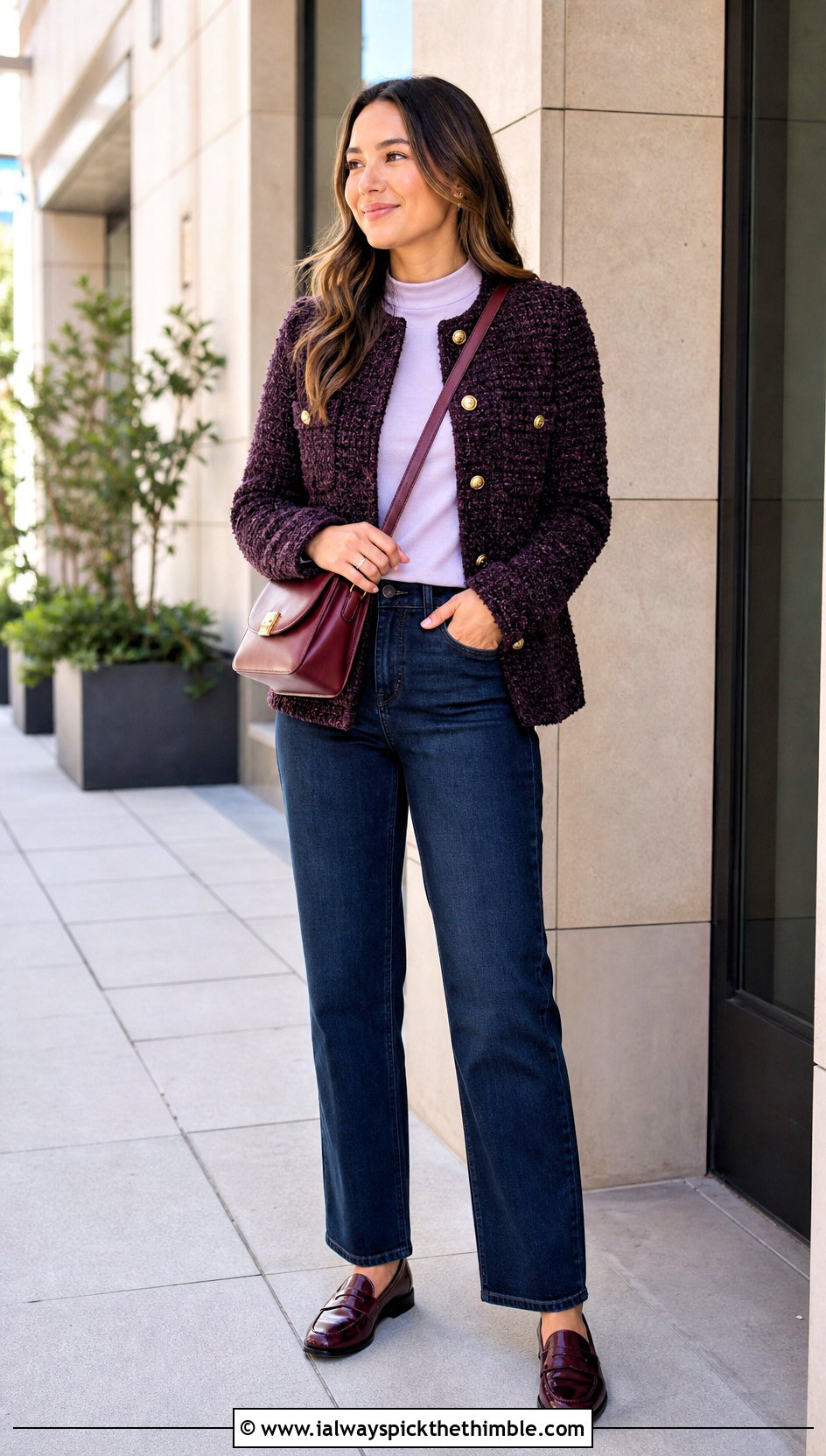 Boucle Crochet Blazer With Dark Wash Denim - 25 crochet blazer outfit ideas