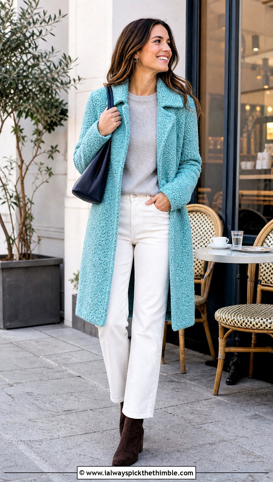 Boucle Crochet Coat With White Jeans - 20 women crochet coat outfit ideas