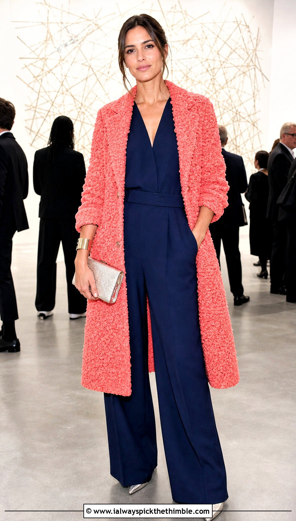 Boucle Crochet Coat With Wide Leg Jumpsuit - 25 crochet coat outfit ideas