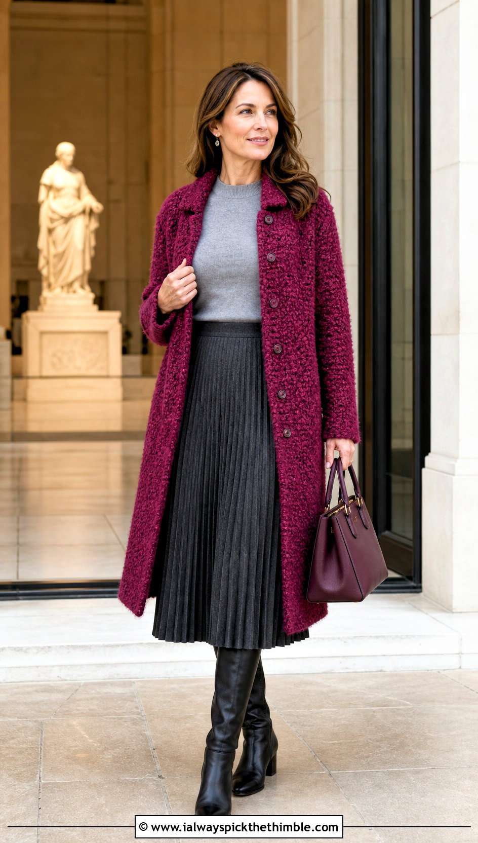 Boucle Crochet Coatigan With Pleated Midi Skirt - 25 crochet long jacket outfit ideas