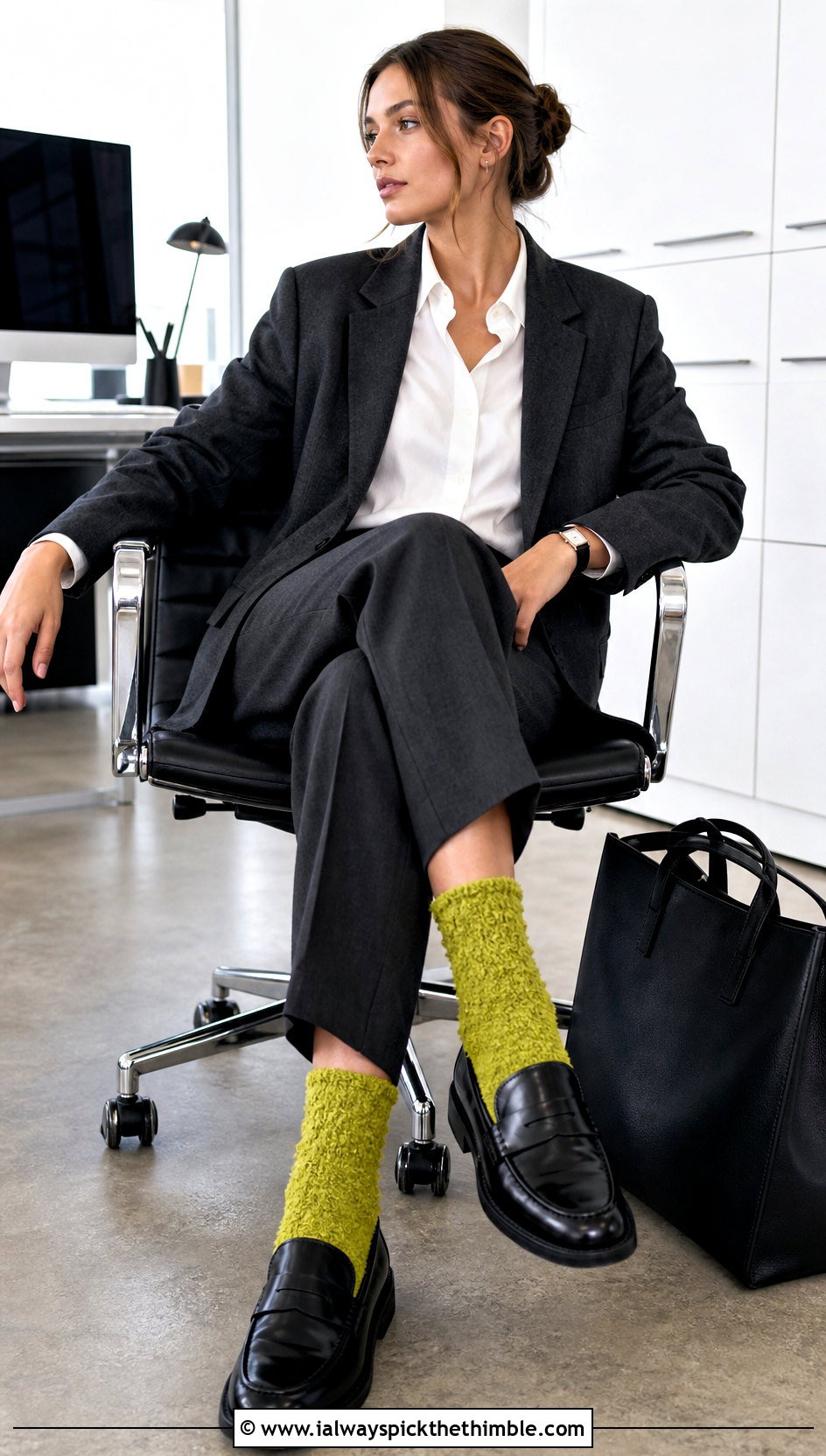 Boucle Crochet Fluffy Socks With Tailored Trousers - 20 Crochet Fluffy Socks outfit ideas